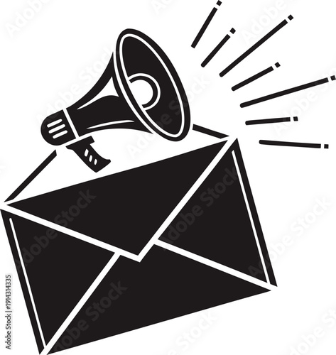 A graphic design featuring a stylized black icon of an envelope with a megaphone positioned atop. The envelope is depicted open, with the flap slightly lifted, giving a sense of it being delivered or 