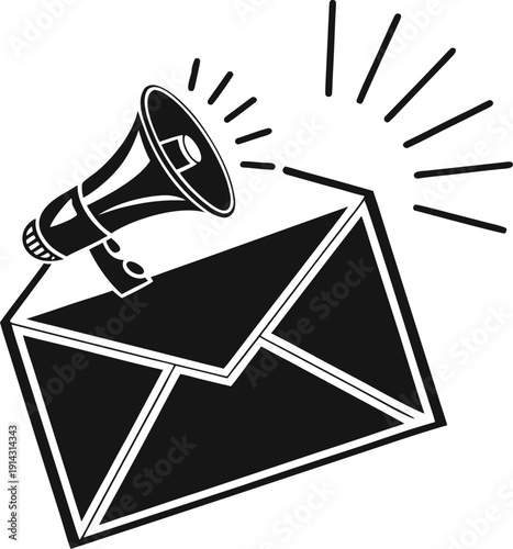 A graphic design featuring a stylized black icon of an envelope with a megaphone positioned atop. The envelope is depicted open, with the flap slightly lifted, giving a sense of it being delivered or 