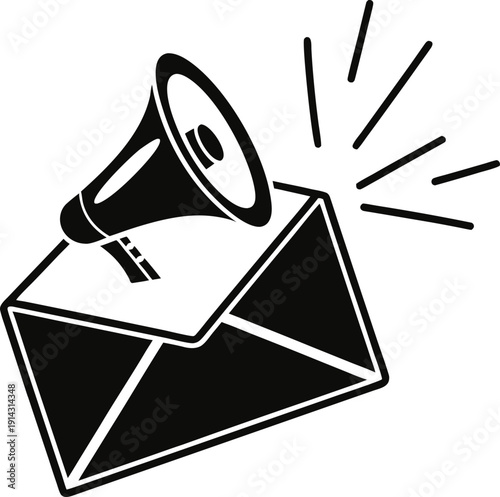 A graphic design featuring a stylized black icon of an envelope with a megaphone positioned atop. The envelope is depicted open, with the flap slightly lifted, giving a sense of it being delivered or 