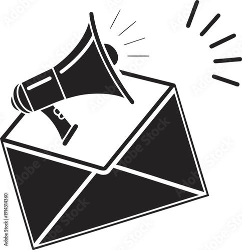 A graphic design featuring a stylized black icon of an envelope with a megaphone positioned atop. The envelope is depicted open, with the flap slightly lifted, giving a sense of it being delivered or 
