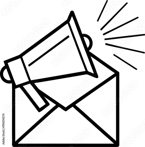 A graphic design featuring a stylized black icon of an envelope with a megaphone positioned atop. The envelope is depicted open, with the flap slightly lifted, giving a sense of it being delivered or 
