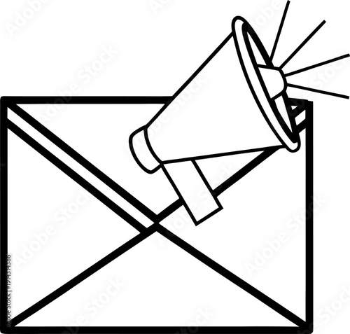 A graphic design featuring a stylized black icon of an envelope with a megaphone positioned atop. The envelope is depicted open, with the flap slightly lifted, giving a sense of it being delivered or 