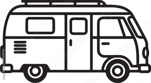 Black and white line of a vintage camper van with roof rack and windows also transparent background vehicle