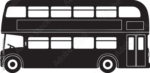 Black silhouette of a classic double decker bus with white windows and wheels also transparent background