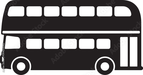Black silhouette of a two-story double decker bus with white windows and wheels also transparent background