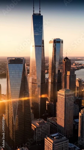 Stunning Aerial View of New York City Skyline at Sunset.