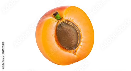 A close-up view of a ripe apricot with a visible pit in the center isolated on transparent background