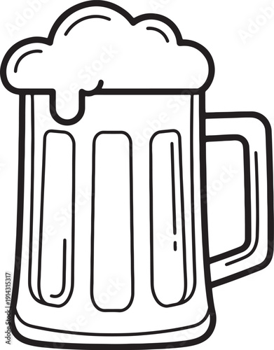 Stylized black and white outline of a beer mug filled with frothy foam also transparent background drink