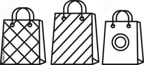 Three black and white shopping bags with different patterns and handles also transparent background retail