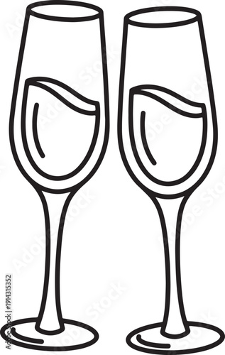 Two champagne flutes filled with liquid and outlined in black on a white background also transparent background