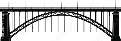 Black Silhouette Arch Bridge Illustration Depicting Engineering Structure, Suspension Design, Urban Architecture, Transportation Concept, and Minimalist Graphic Style