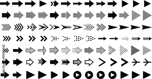 Black silhouette set of directional arrows, navigation pointers, play buttons and interface symbols, cad drawing flat vector illustration, isolated on white.