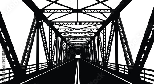 Black and white vector illustration of truss bridge perspective with triangular beams, tunnel effect, roadway lanes, railings, geometric architectural design