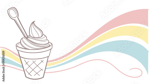 Colorful ice cream cone with spoon on colorful waves background