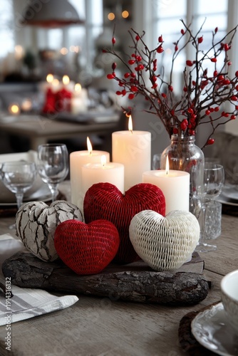 Valentine table centerpiece with candles, red and white hearts, and rustic branches for festive dining