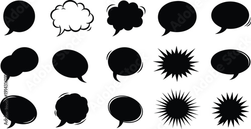 Black vector illustration of comic speech and thought bubble silhouettes including oval, cloud, starburst shapes for dialogue and exclamations