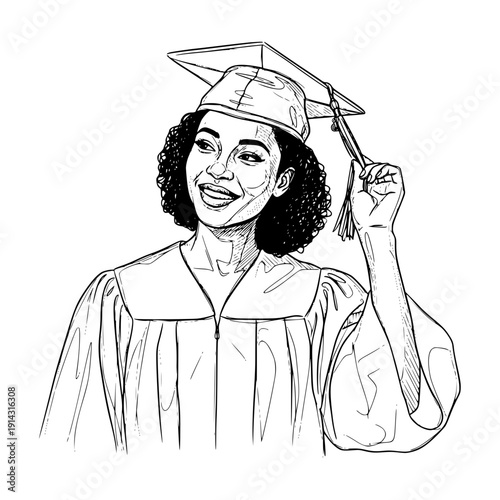 African American woman smiling and celebrating in graduation gown, concept of isolated vector image on a transparent background, pencil drawing  