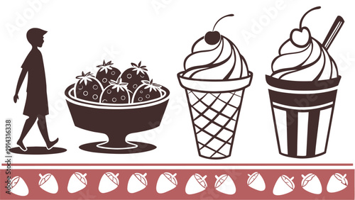 Woman walking towards delicious ice cream treats and fresh strawberries