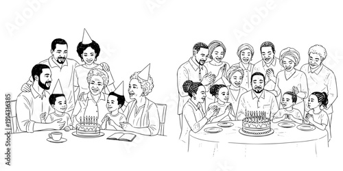 African family celebrating birthday with cake in pencil drawing style, isolated vector image on a transparent background, set of images 