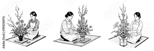 Japanese woman arranging ikebana bouquet in traditional style drawing, isolated vector image on a transparent background, set of images  