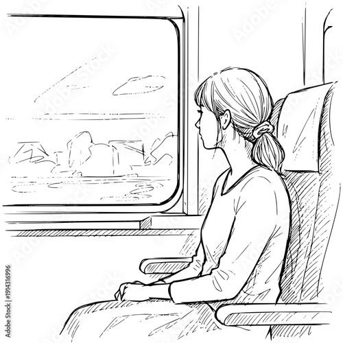 Japanese woman riding train and looking out window, isolated vector image on a transparent background, pencil drawing