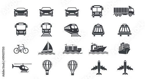 Vehicle icons show various transports from car to airplane.