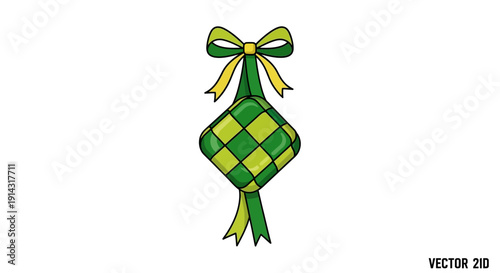 Eid al-Fitr gift parcel vector with green and yellow checkered pattern and ribbon, symbolizing Mudik Lebaran and family homecoming, against a clean white background.