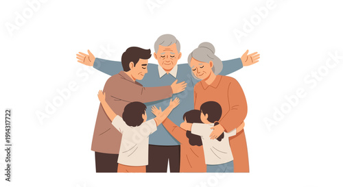 Flat design illustration of a Muslim family with children and elderly members celebrating Eid al-Fitr homecoming or Mudik Lebaran, with a festive banner and traditional Indonesian house in