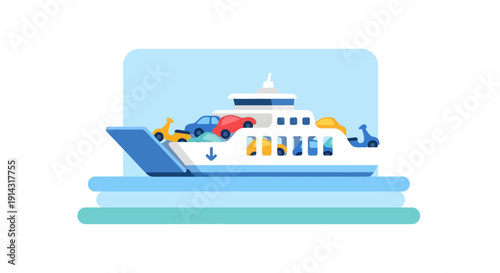 Flat design illustration of a laptop with a colorful cruise ship on its screen, symbolizing Eid homecoming or Mudik Lebaran travel, with a minimalist and vibrant style.