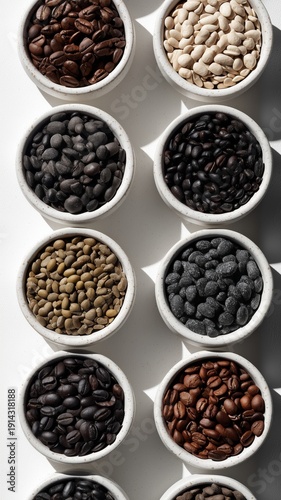 Top-down flat lay of multiple white ceramic cups filled with coffee beans and seeds of various roast levels.