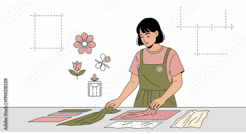 Young Woman Designing Floral Patterns with Fabric Swatches