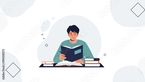 Student Studying Books, Writing Notes, Education Concept Illustration