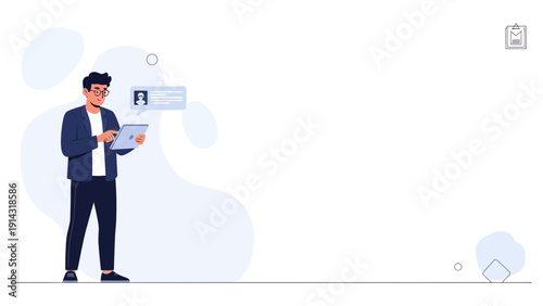 Man Using Tablet for Online Communication and Profile Management