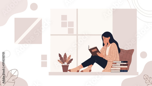 Woman reading book by window, cozy lifestyle, home relaxation, calm atmosphere