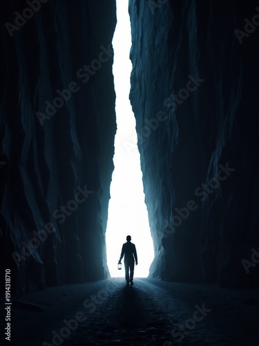 Solitary man with lantern walking through a narrow canyon passage toward bright light symbolizing hope and exploration
