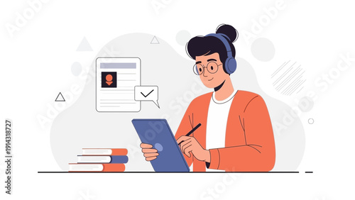 Young woman learning online with tablet, headphones and books