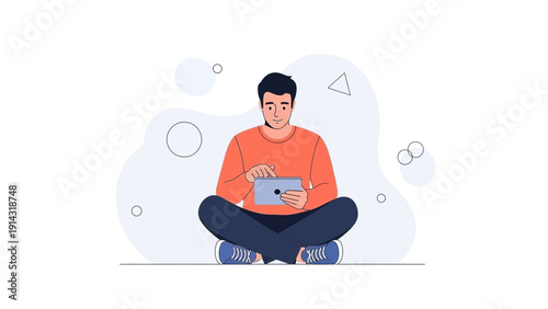 Man Using Tablet Computer Sitting Cross-legged, Digital Content Creation
