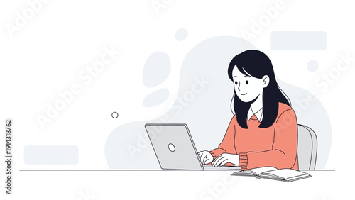 Young woman working on laptop computer, modern illustration, remote work concept
