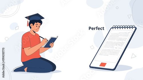 Student writing in notebook, perfect score on test, graduation cap - Education concept