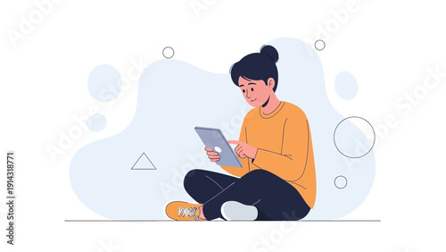 Young person using a tablet, sitting cross-legged, modern flat design illustration