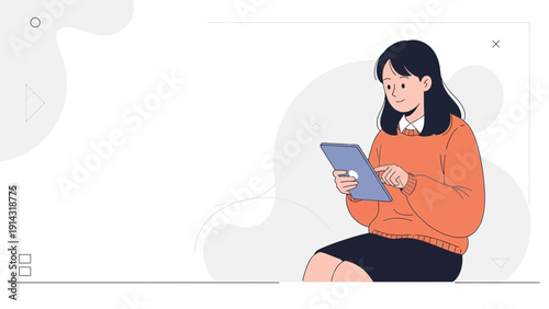Young Woman Using Digital Tablet, Casual Orange Sweater, Modern Flat Design