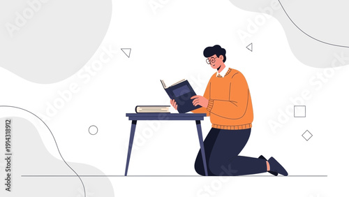 Man Reading Book Kneeling by Table, Studying and Learning Concept