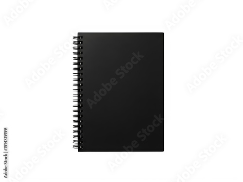 A black spiral-bound notebook with blank pages on a white background