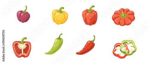 Collection of colorful bell peppers and chili peppers in various forms and colors