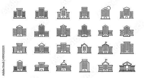 Collection of twenty five different building icons in various architectural styles.