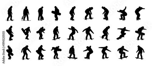 Large set of skateboarding silhouettes with skaters performing tricks and carrying boards