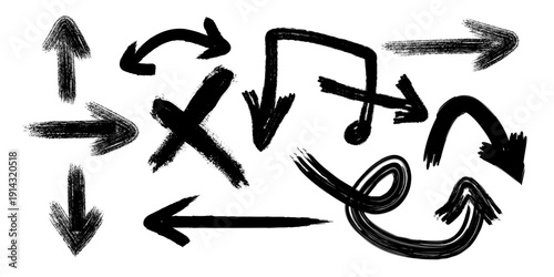 Hand-drawn arrows and paintbrushes with Japanese calligraphy kanji symbols in black ink vector illustration