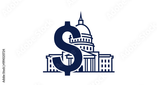 Dollar sign overlaying government building illustration.
