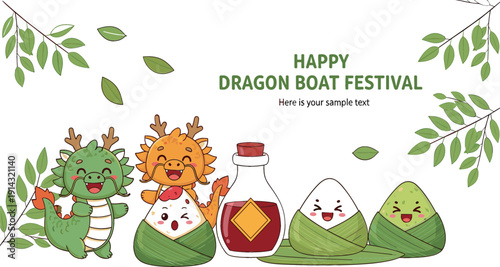 Cute Dragon Boat Festival vector illustration with smiling dragons zongzi rice dumplings and festive leaves, playful cartoon design for holiday cards, stickers, and decorations