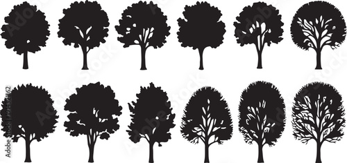 A collection of ten distinct black and white tree illustrations showcasing various shapes and sizes